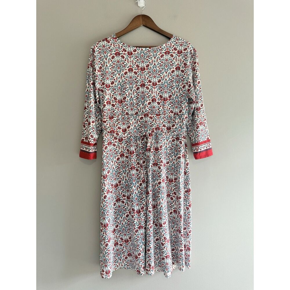 Lands End Floral Knit Dress V Neck Fit Flare Midi Cottage Stretch Red Navy Large - Picture 9 of 16